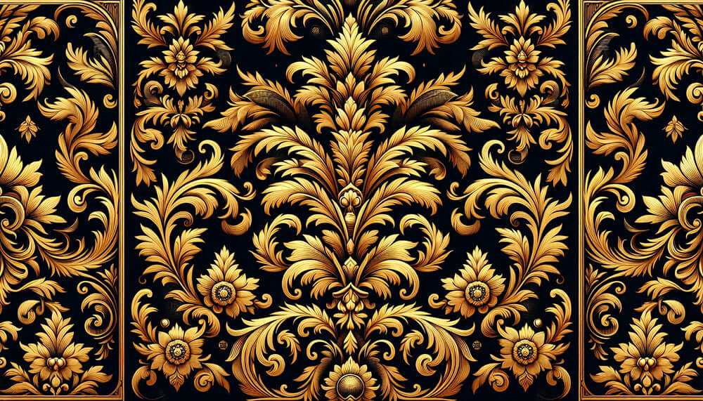 European Luxury Black & Gold Wallpaper Mural for Living Room & Bedroom - opulent black background with intricate gold baroque pattern