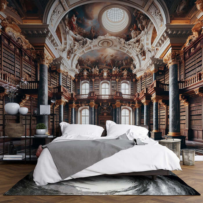 European Palace Library Wallpaper Mural - Brown Gold Luxury: grand European library backdrop with ornate architecture and rich browns and golds, perfect luxury bedroom mural
