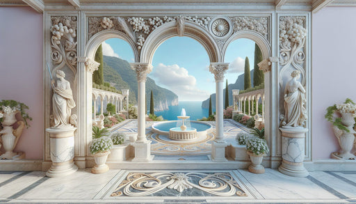 European Romantic Garden Wallpaper Mural | Sea View Fountain - Carving wallpaper