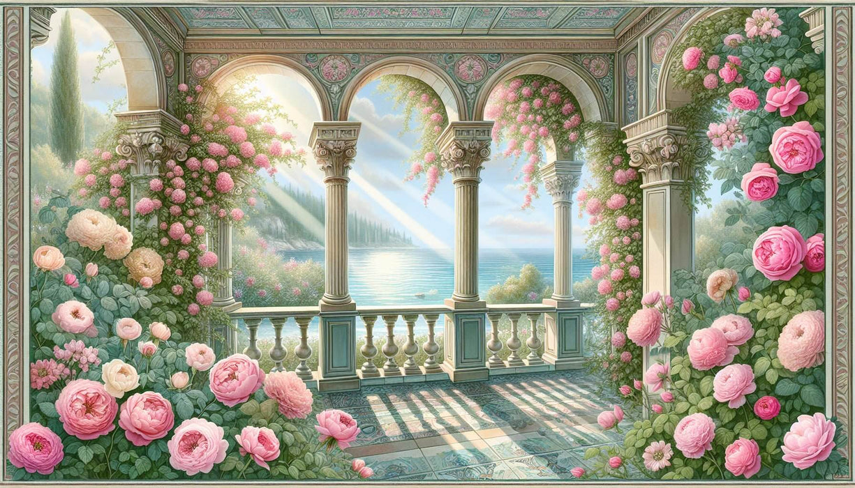 European Rose Pergola Seaside Mural Wallpaper - Elegant Floral & Coastal Wall Decor for Bedroom, Living Room