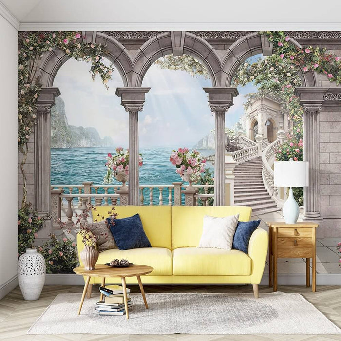 European style sea view arch wallpaper mural | Romantic decoration in living room and bedroom