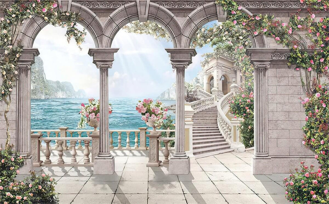 European style sea view arch wallpaper mural | Romantic decoration in living room and bedroom