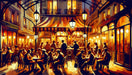 European street view wallpaper mural | Retro caf é: warm European night street scene with outdoor cafe, striped awnings, lanterns, and people socializing under glowing signage