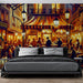 European street view wallpaper mural | Retro caf é. Night scene of a bustling European cafe street with warm yellow lights, striped awnings, and people enjoying drinks.