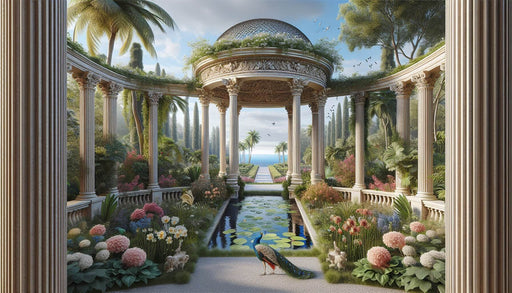 European style colonnade wallpaper mural | Tropical flowers with classical garden terrace, domed pavilion, lush vines, pond with lotus, peacocks, palm-fringed ocean view