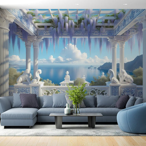 European style corridor pillar wallpaper mural | Blue and white style - Carving wallpaper