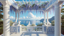 European style corridor pillar wallpaper mural | Blue and white style: white European columns with blue floral patterns overlooking a blue sea, mountains, and hanging wisteria