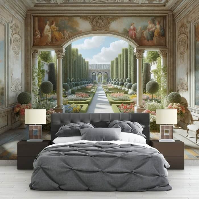 European style garden wallpaper mural | Character patterns in a regal bedroom with classical fresco archway, manicured garden paths, and vibrant floral accents
