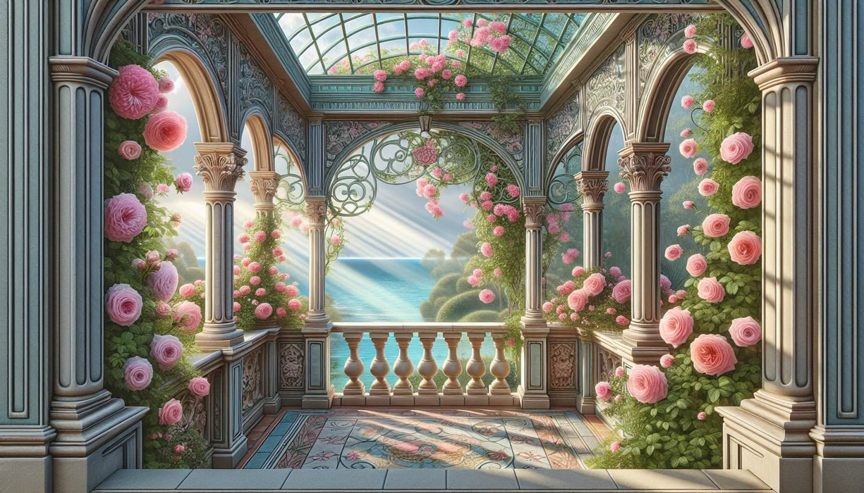 European style rose wallpaper mural | Vine seaside glass gallery - romantic veranda with arched columns, glass dome, pink roses and green vines overlooking a seascape