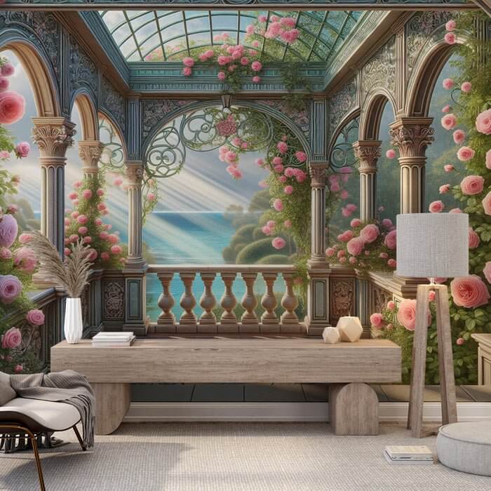 European style rose wallpaper mural | Vine seaside glass gallery - romantic veranda with arched columns, glass dome, pink roses, green vines, seaside view