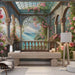 European style rose wallpaper mural | Vine seaside glass gallery - romantic veranda with arched columns, glass dome, pink roses, green vines, seaside view