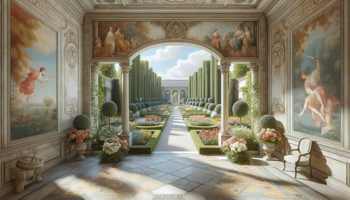 European style garden wallpaper mural | Character patterns showcasing classical European garden scenes, fresco-inspired figures, arched doorway, ornamental carvings, and geometric floral hedges.