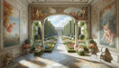 European style garden wallpaper mural | Character patterns showcasing classical European garden scenes, fresco-inspired figures, arched doorway, ornamental carvings, and geometric floral hedges.