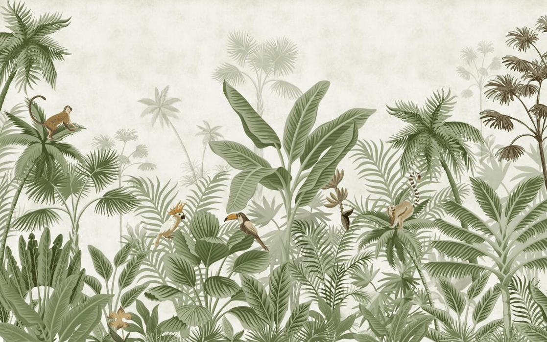 Exotic Jungle Wallpaper Mural | Banana Parrot Monkey - Carving wallpaper