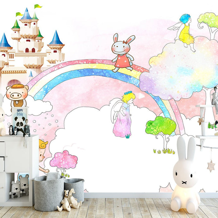 Fairy Tale Castle Children's Wallpaper Mural | Rainbow, Clouds - Carving wallpaper