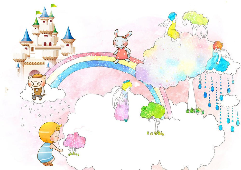 Fairy Tale Castle Children's Wallpaper Mural | Rainbow, Clouds - Carving wallpaper