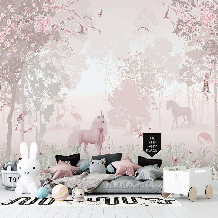 Fairy Tale Forest Unicorn Wallpaper Mural | Magical Kids Room Decor | Enchanted Nursery Wall Design