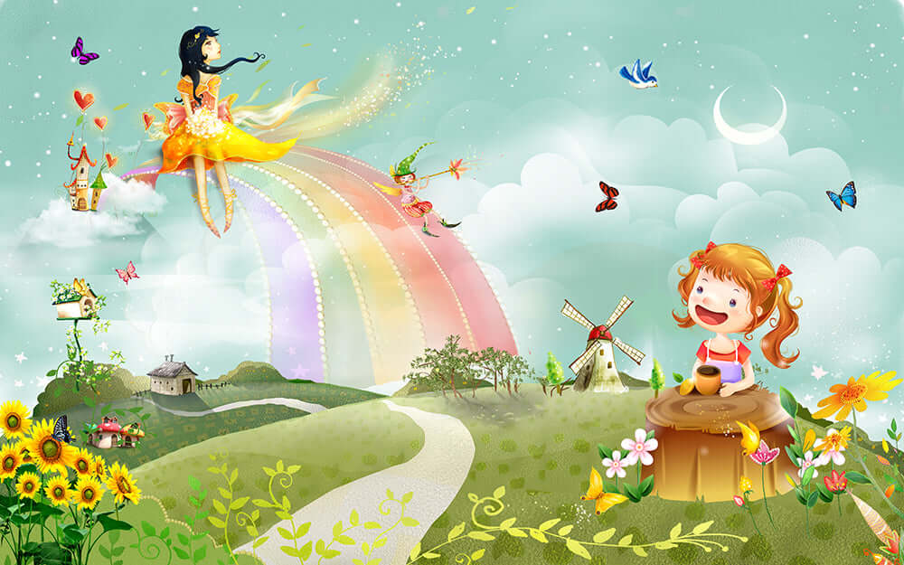 Fairy Tale Rainbow Children's Room Wallpaper Mural | Dreamy Rainbow with fairy tale scene, rainbow, princess, flowers, and whimsical windmill