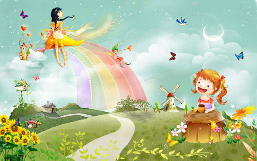 Fairy Tale Rainbow Children's Room Wallpaper Mural | Dreamy Rainbow with fairy tale scene, rainbow, princess, flowers, and whimsical windmill