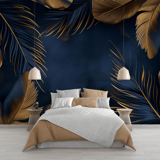 Feather wallpaper in blue and gold - Carving wallpaper