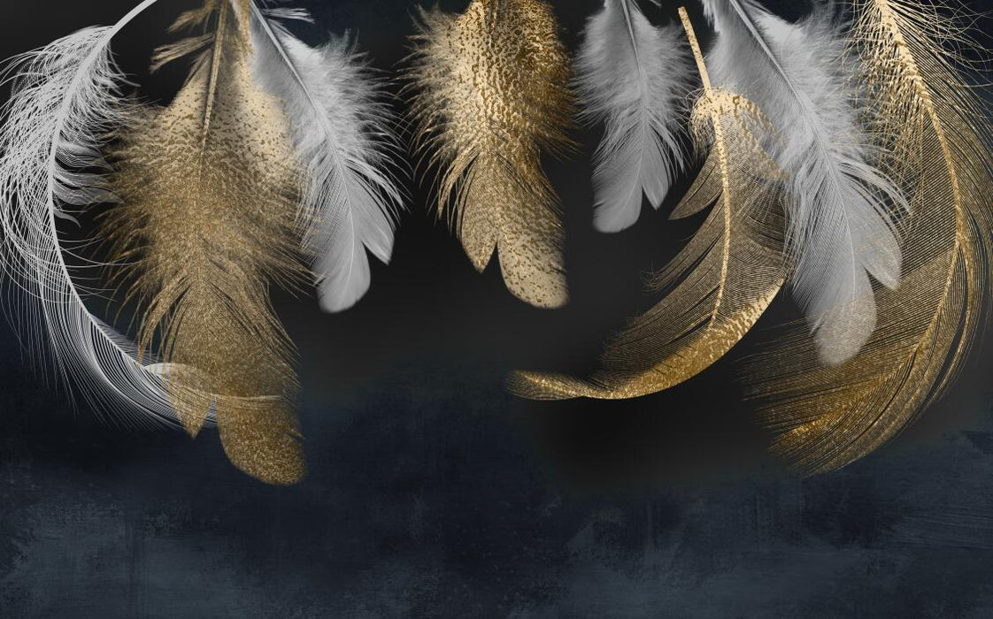 Feather wallpaper mural | Black gold gray feather pattern - Carving wallpaper