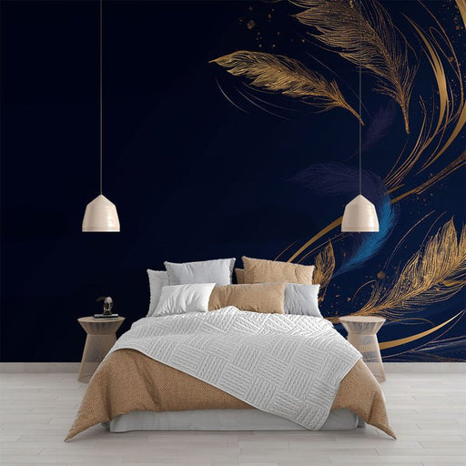 Feather wallpaper mural | Deep blue and gold tips - Carving wallpaper