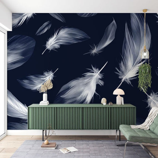 Feather Wallpaper Mural | Deep Blue and White - Carving wallpaper