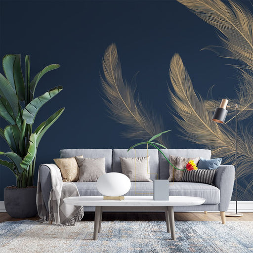 Feather Wallpaper Mural | Gold on Blue Background - Carving wallpaper