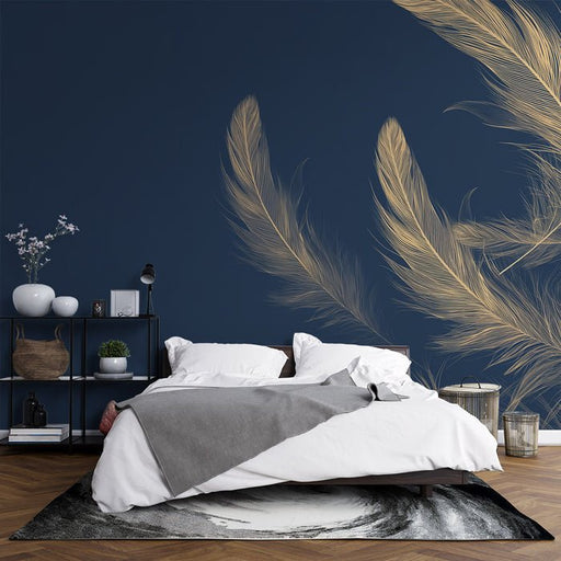 Feather Wallpaper Mural | Gold on Blue Background - Carving wallpaper