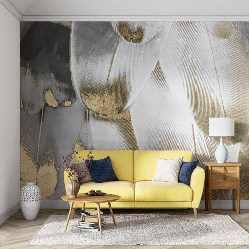 Feather wallpaper mural | Grey gold abstract texture mural - Carving wallpaper