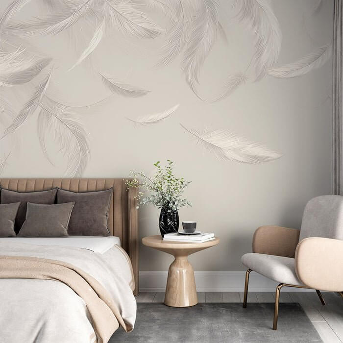 Feather Wallpaper Mural | White and Beige - soft feather wall art enhances bedroom or living room ambiance with tranquil, elegant beige and white tones