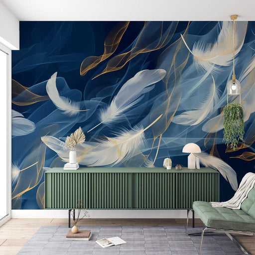 Feather wallpaper mural| white feathers blue gold color scheme - Carving wallpaper