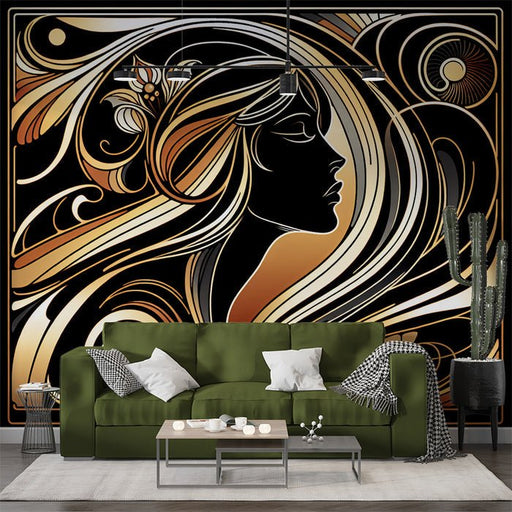 Female silhouette wallpaper mural | Black gold color scheme - Carving wallpaper