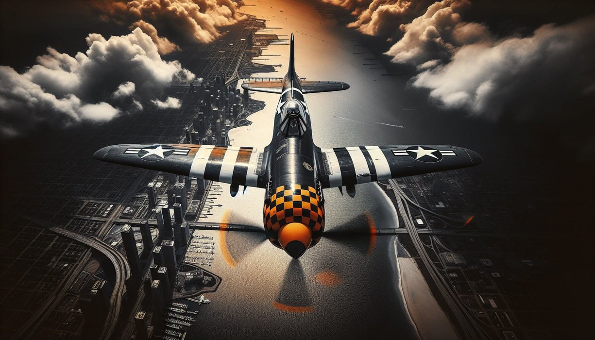 Fighter Wallpaper Mural: Vintage Aviation Meets Urban Elegance - WWII fighter plane mural aerial view with black-and-white stripes and orange-black checkered nose