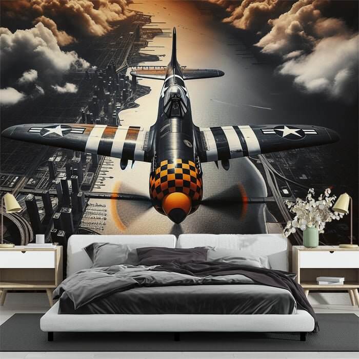 Fighter Wallpaper Mural: Vintage Aviation Meets Urban Elegance - WWII Fighter Plane with black-and-white stripes and orange-black checkered tail over city skyline