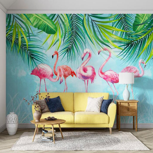 Flamingo and Green Leaf Wallpaper Mural | Tropical Style Mural - Carving wallpaper