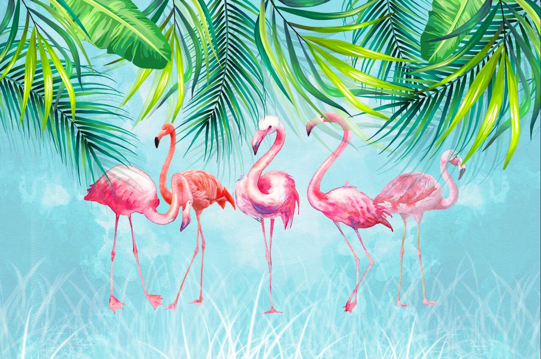 Flamingo and Green Leaf Wallpaper Mural | Tropical Style Mural - Carving wallpaper