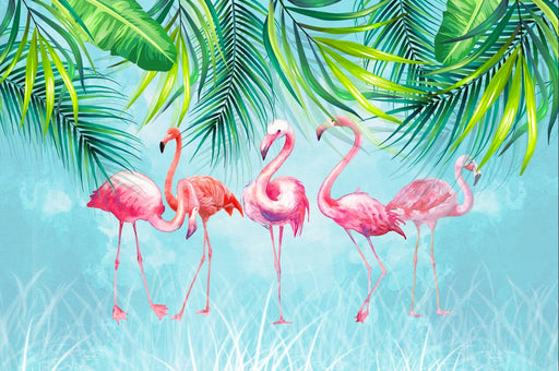 Flamingo and Green Leaf Wallpaper Mural | Tropical Style Mural - Carving wallpaper