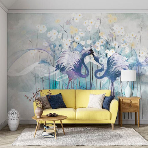 Flamingo Mural Wallpaper | Watercolor Flower and Bird - Carving wallpaper
