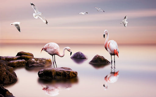 Flamingo Seaside Mural | Lakeside Flamingo Wallpaper - Carving wallpaper