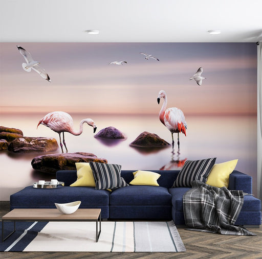 Flamingo Seaside Mural | Lakeside Flamingo Wallpaper - Carving wallpaper