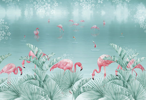 Flamingo Wallpaper Mural | Surrounded by Tropical Plants - Carving wallpaper