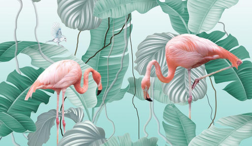 Flamingo Wallpaper Mural | Tropical Flamingo Paired with Large Leaf Plants - Carving wallpaper