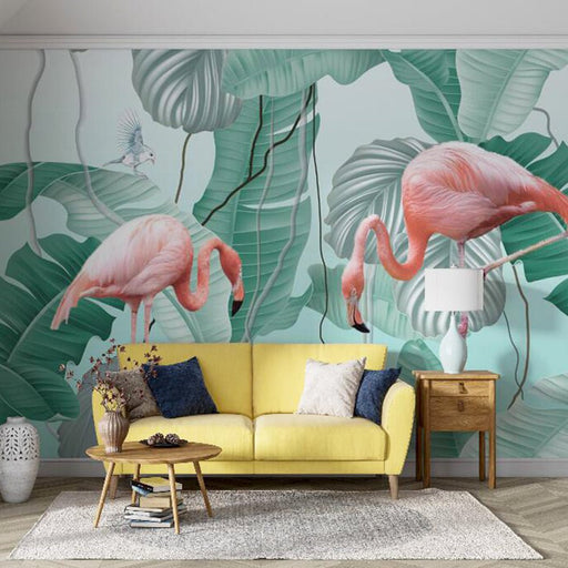 Flamingo Wallpaper Mural | Tropical Flamingo Paired with Large Leaf Plants - Carving wallpaper