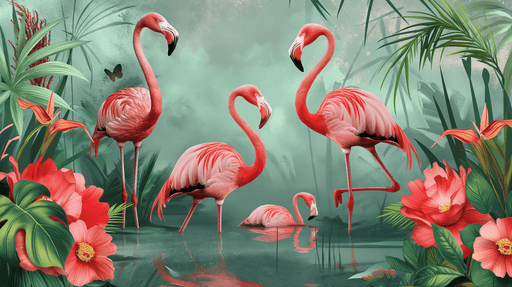 Flamingo Wallpaper Mural | Tropical Plants and Flowers - Carving wallpaper