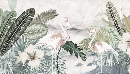 Flamingos and Tropical Plants Mural Wallpaper | Flamingos and Tropical Plants - Carving wallpaper