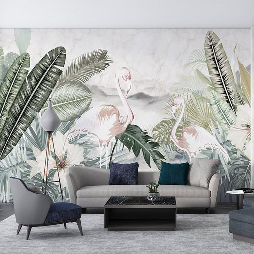 Flamingos and Tropical Plants Mural Wallpaper | Flamingos and Tropical Plants - Carving wallpaper