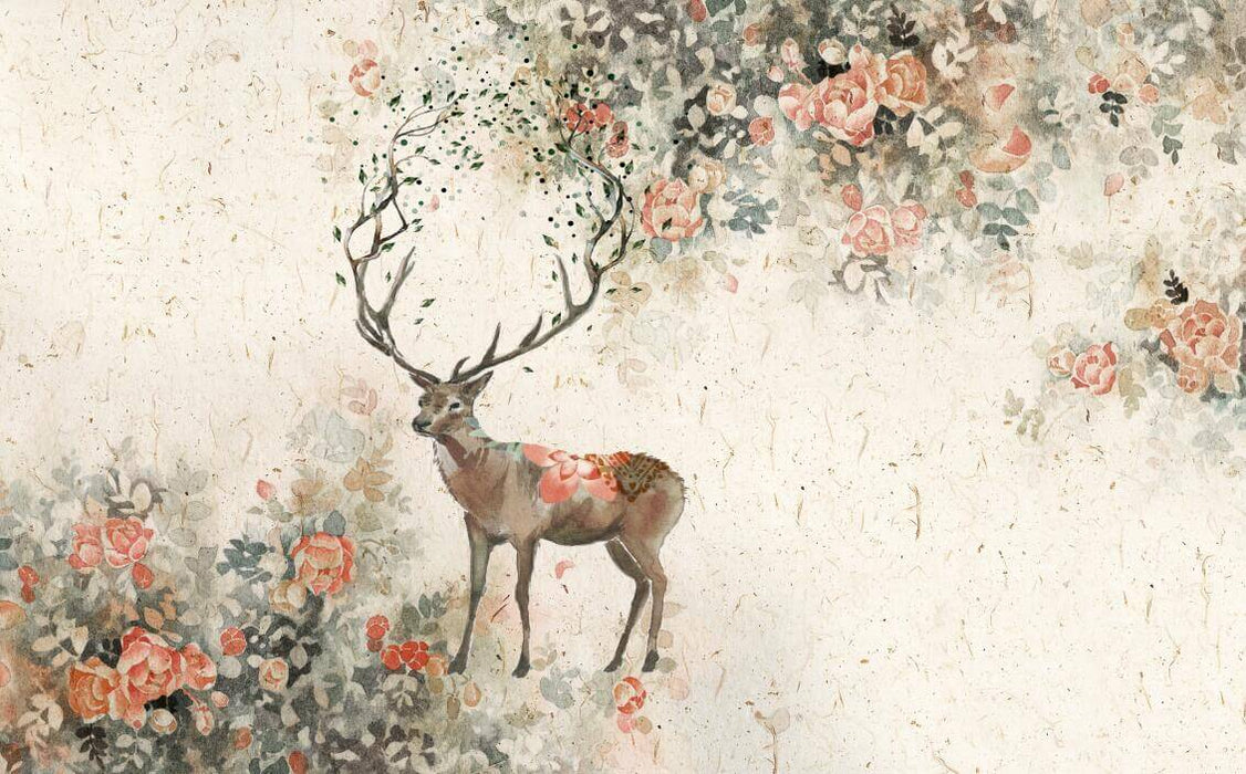 Floral Antler Forest Wallpaper Mural | Blooming Elk in Botanical Harmony – Tranquil Nature-Inspired Wall Décor