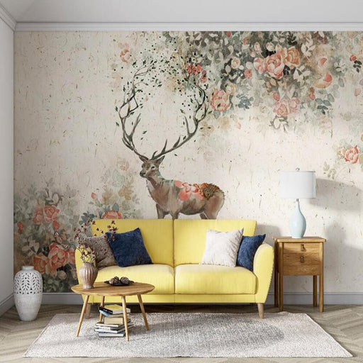Floral Antler Forest Wallpaper Mural | Blooming Elk in Botanical Harmony – Tranquil Nature-Inspired Wall Décor