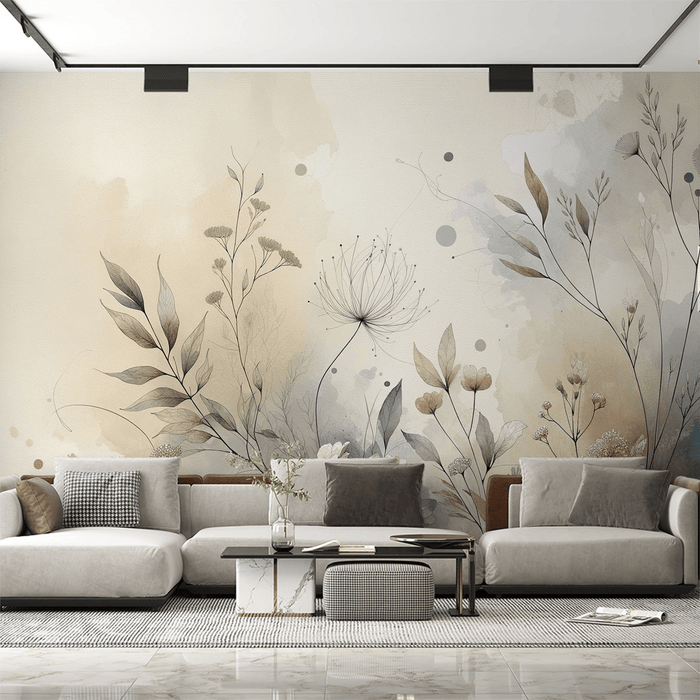 Floral wallpaper with beige and blue watercolor tones featuring wildflowers and herbs - Carving wallpaper